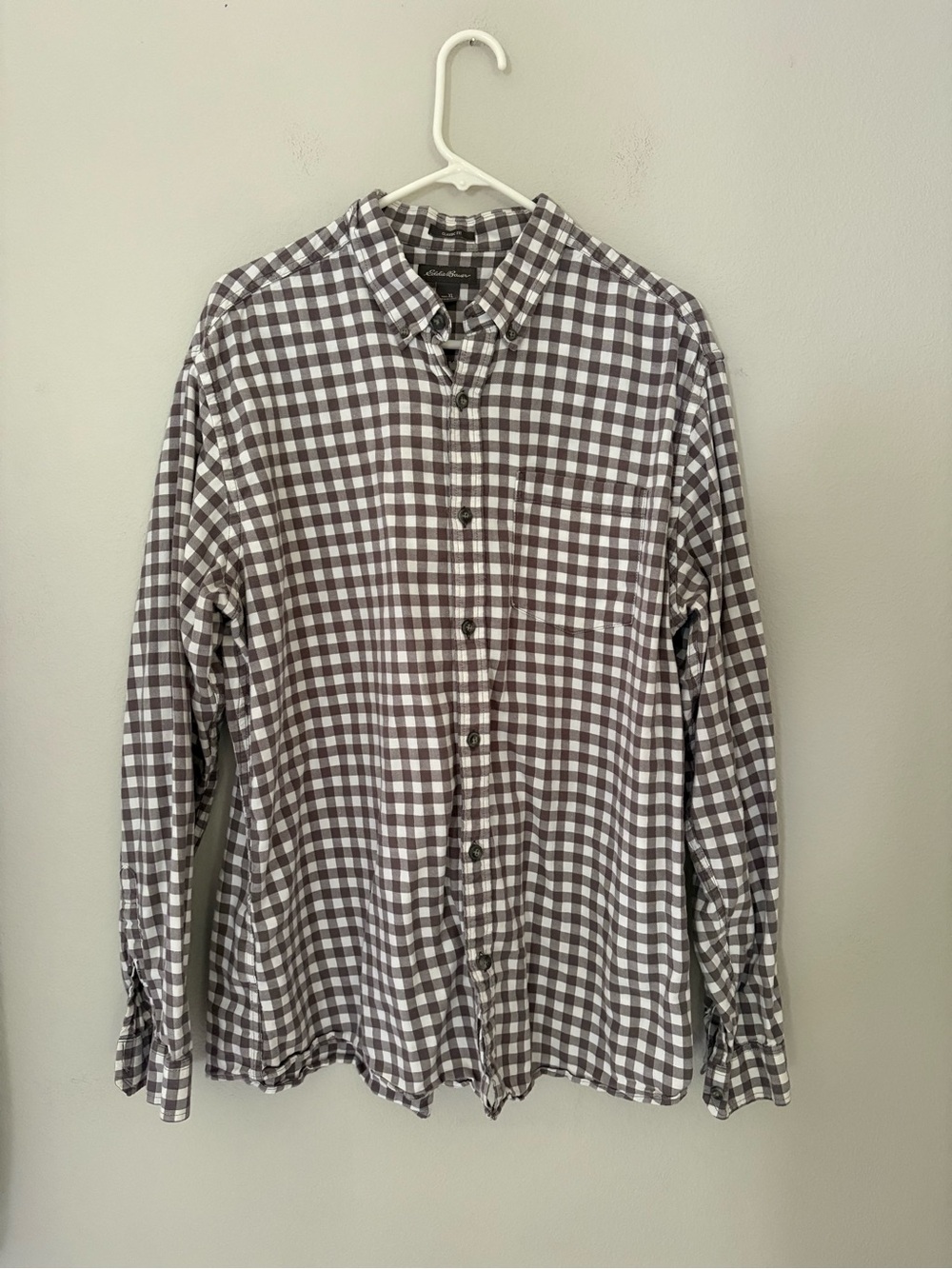 Eddie Bauer Mens XL Gingham Button Down Shirt Brown White Plaid Long Sleeve